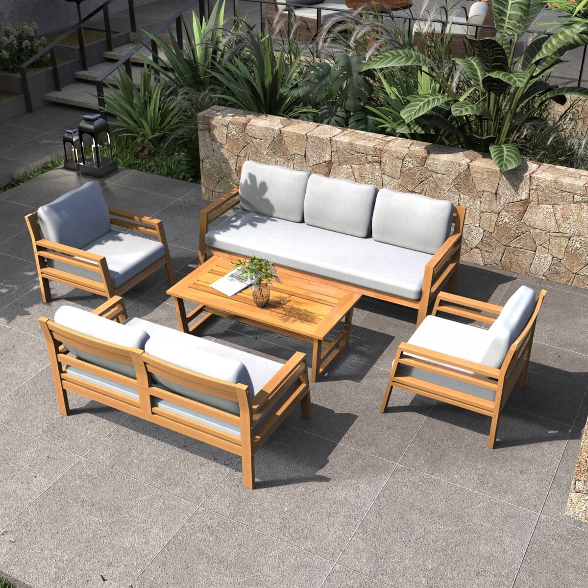 7-Seater Acacia Wood Outdoor Sofa Set – Solid Wood Garden Lounge