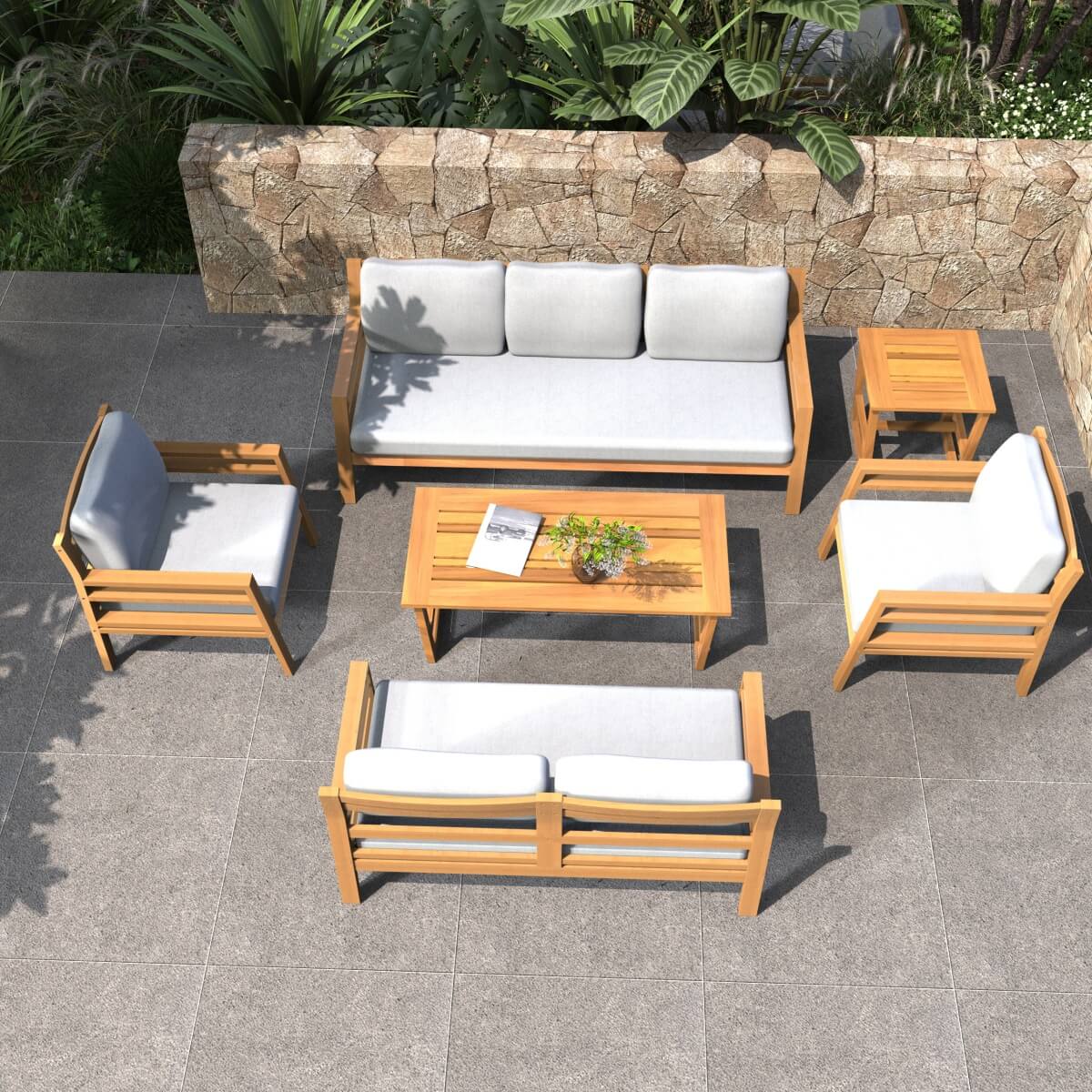 7-Seater Acacia Wood Outdoor Sofa Set – Solid Wood Garden Lounge with Coffee Table and Side Table