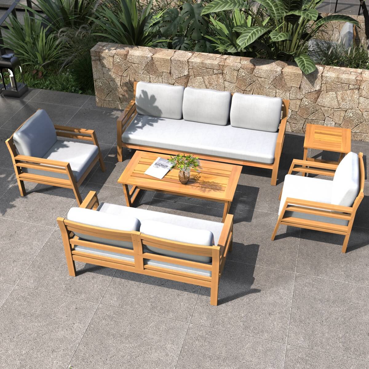 7-Seater Acacia Wood Outdoor Sofa Set – Solid Wood Garden Lounge with Coffee Table and Side Table