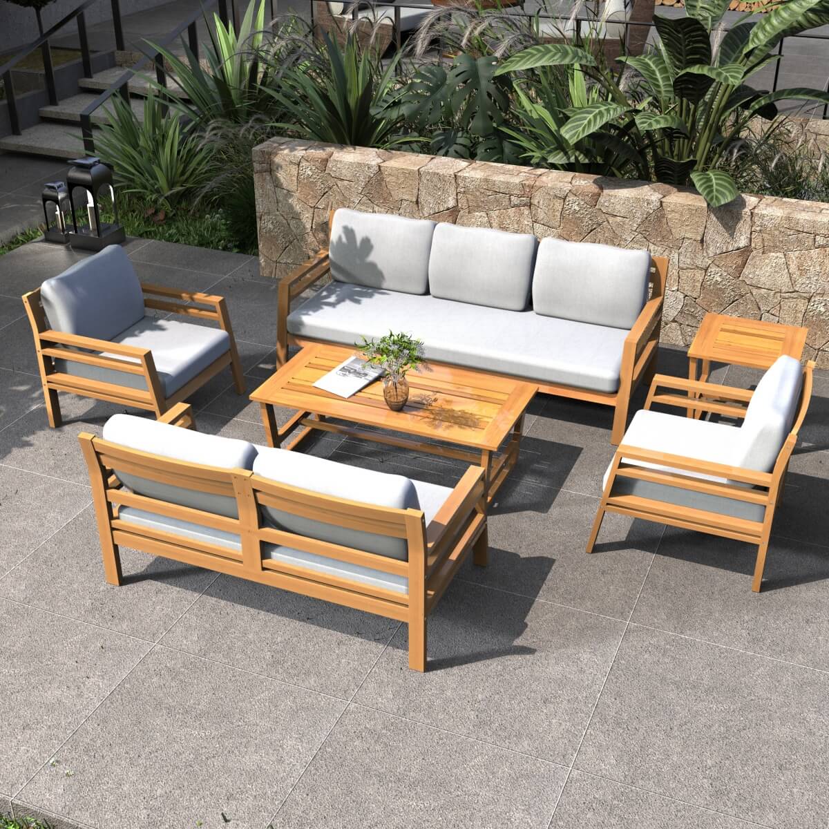 7-Seater Acacia Wood Outdoor Sofa Set – Solid Wood Garden Lounge with Coffee Table and Side Table