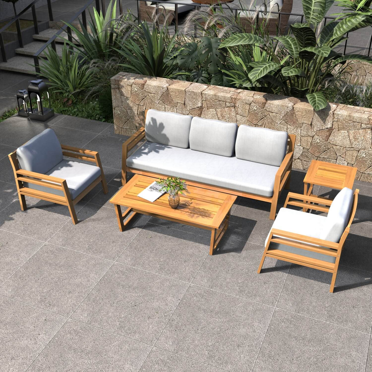 5-Seater Acacia Wood Outdoor Sofa Set – Solid Wood Garden Lounge with Coffee Table and Side Table