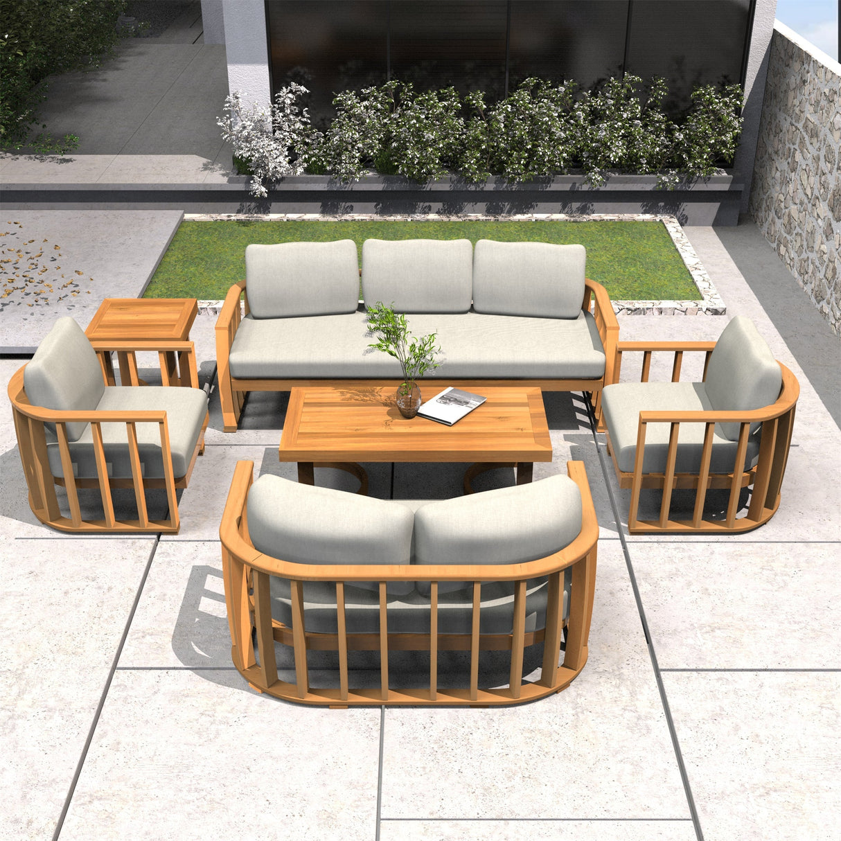 7-Seater Wood Patio Conversation Set with Footstool