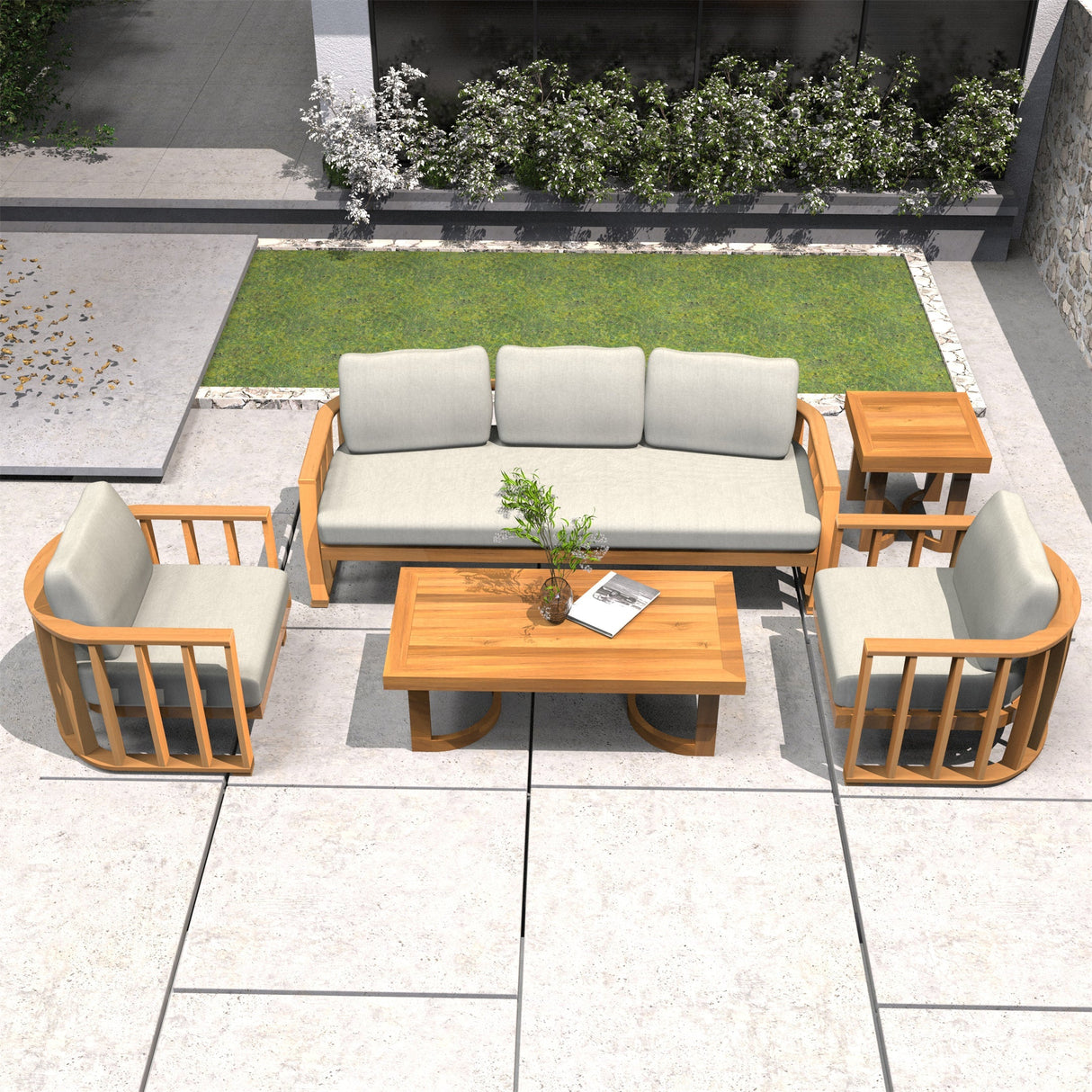 5-Seater Wood Patio Conversation Set with Footstool