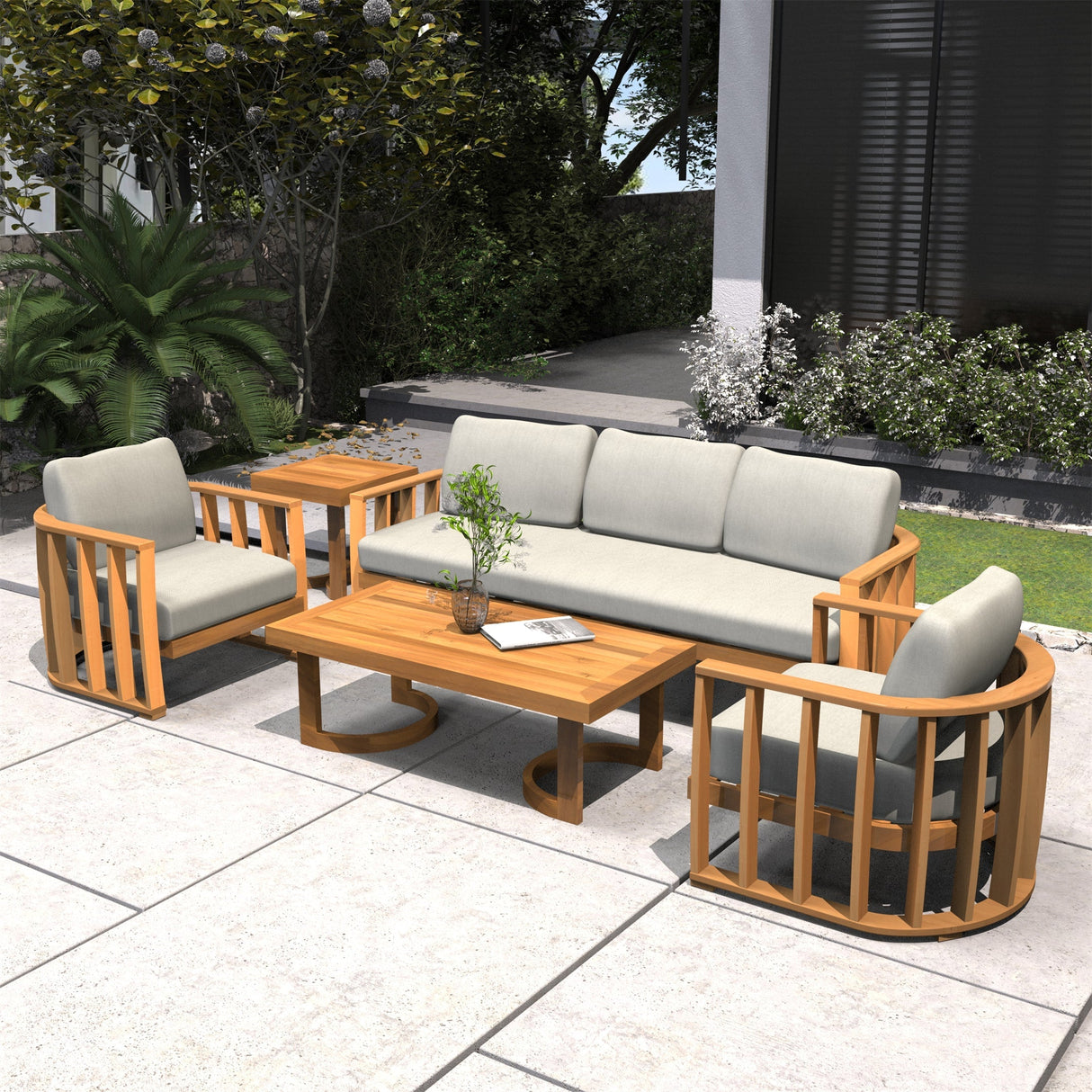 5-Seater Wood Patio Conversation Set with Footstool