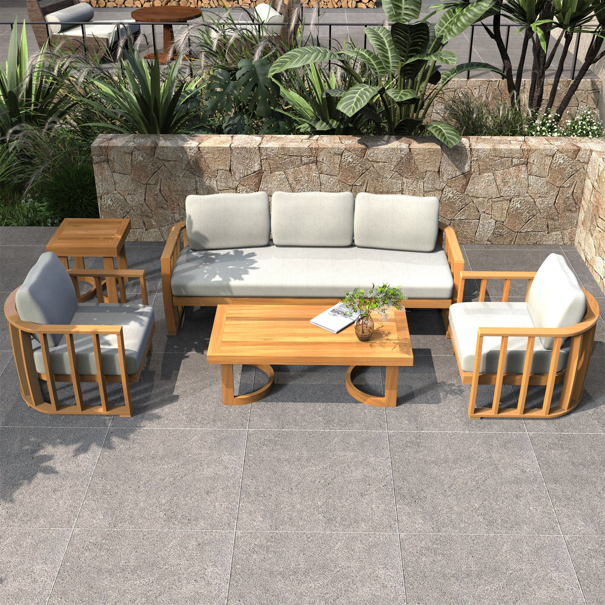 5-Seater Wood Patio Conversation Set with Footstool