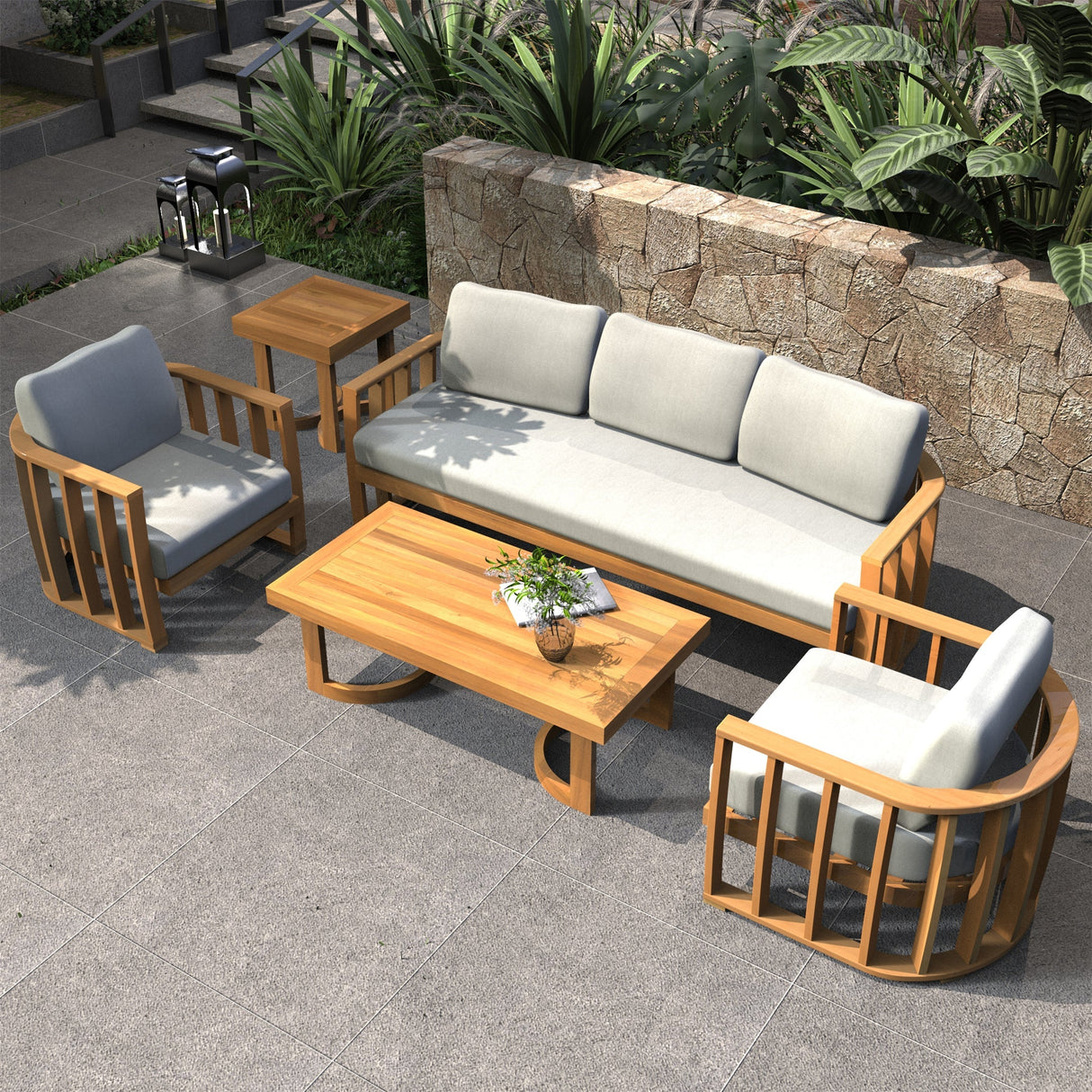 5-Seater Wood Patio Conversation Set with Footstool