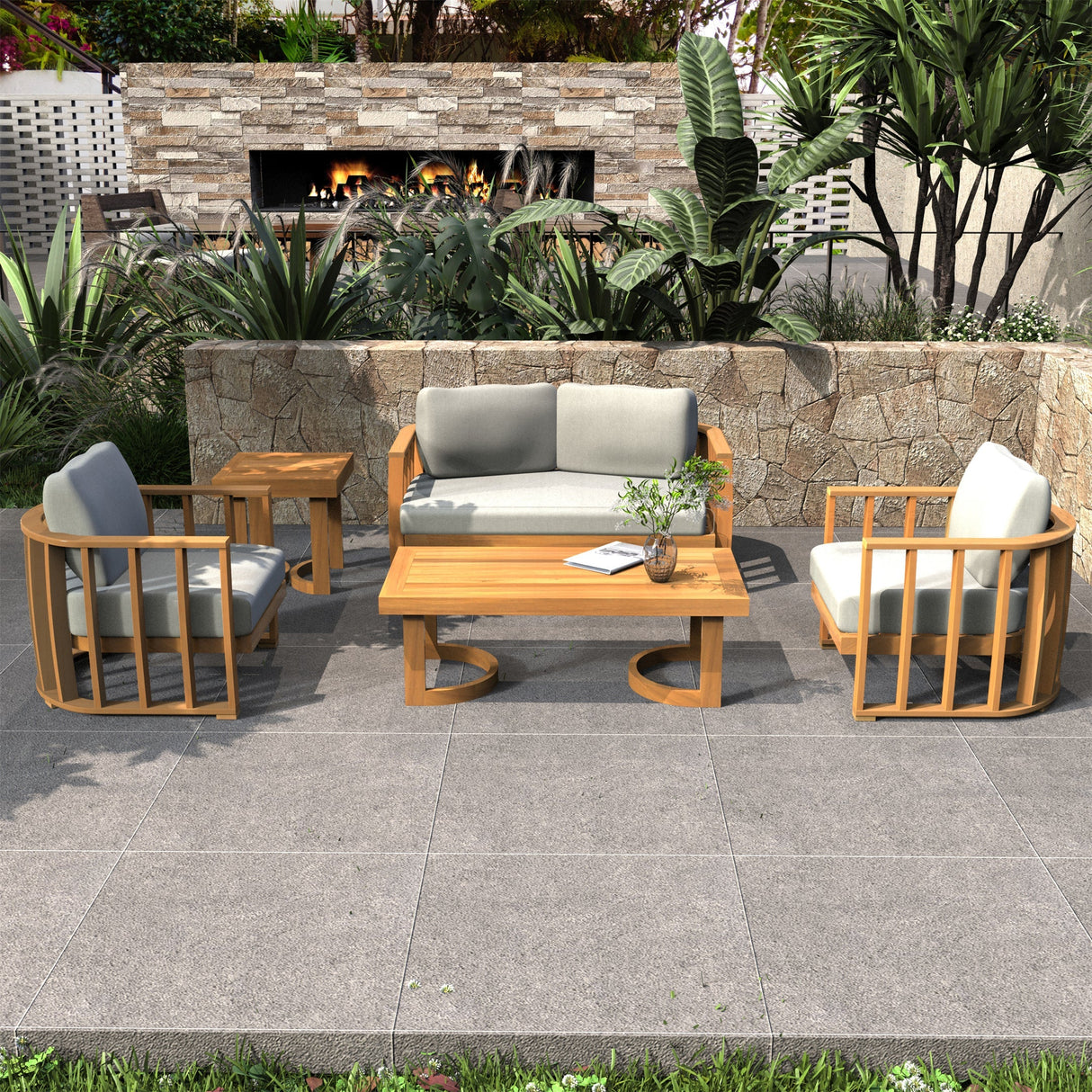 4-Seater Wood Patio Conversation Set with Footstool