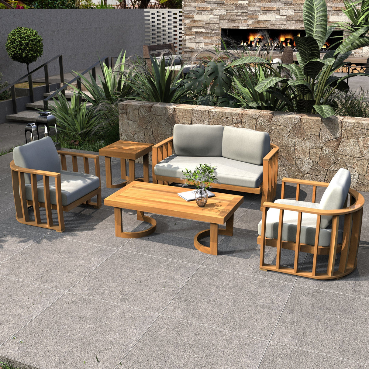 4-Seater Wood Patio Conversation Set with Footstool