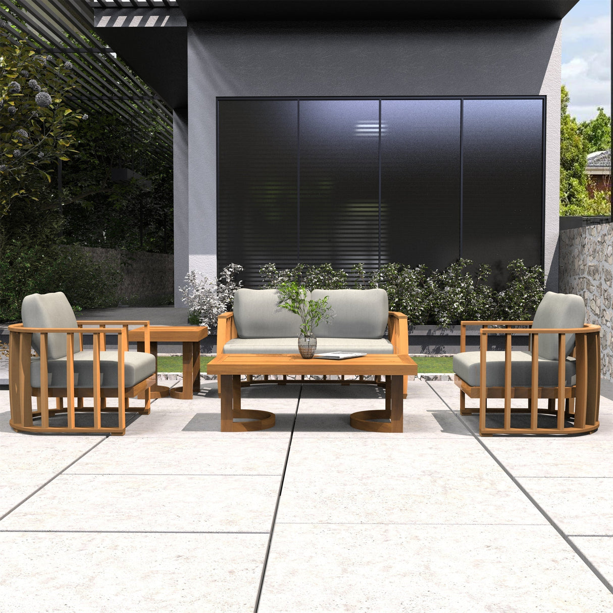 4-Seater Wood Patio Conversation Set with Footstool