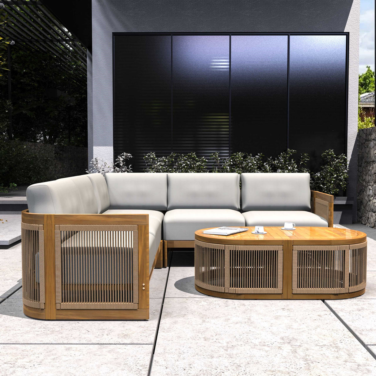 L-Shape 4-Seater Solid Acacia Modular Sofa Set with Oval Coffee Table (PAS-2516-LS+CS+RS+OTA)