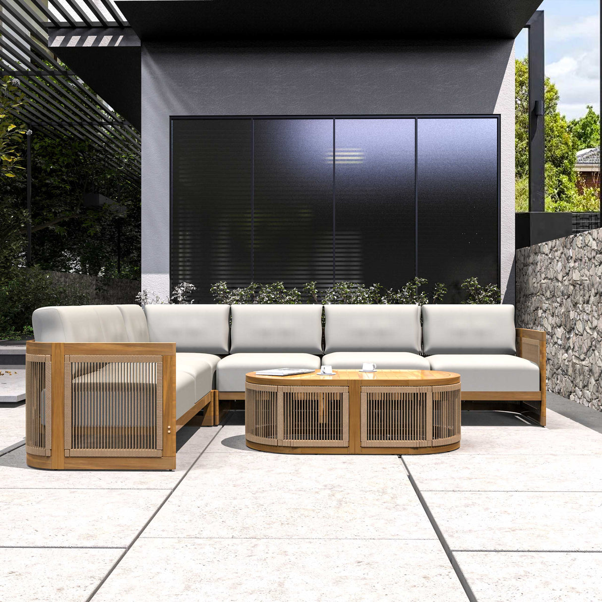 L-Shape 5-Seater Solid Acacia Modular Sofa Set with Cushions - Lounge Configuration (PAS-2516-LS+CS+MS+RS+OTA)