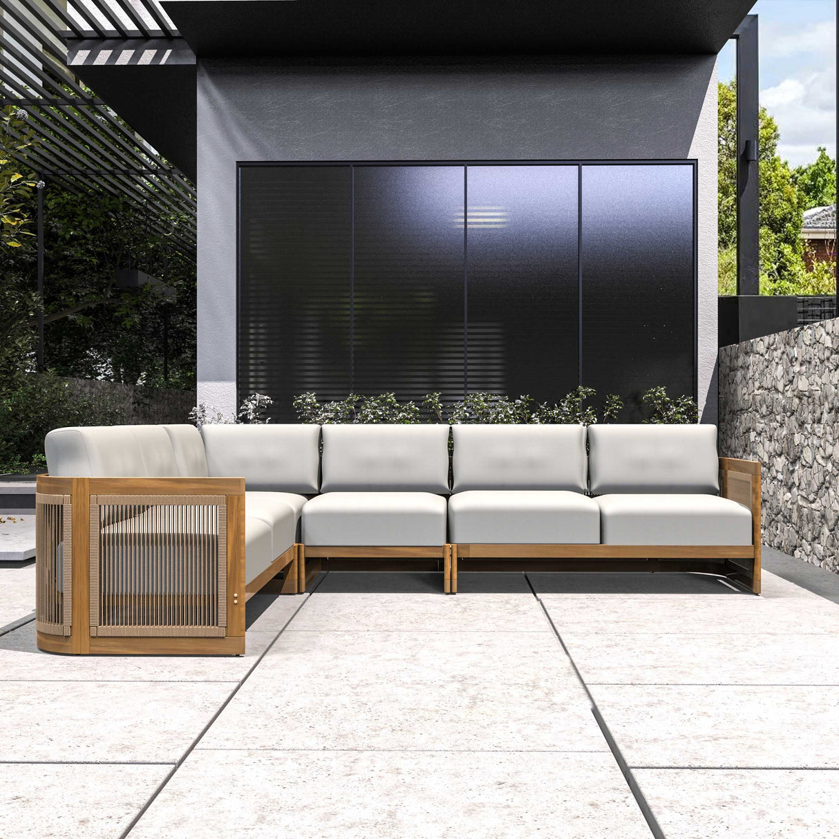 L-Shape 5-Seater Solid Acacia Modular Sofa Set with Cushions - Lounge Configuration (PAS-2516-LS+CS+MS+RS)