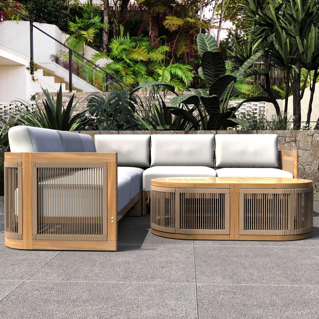 L-Shape 4-Seater Solid Acacia Modular Sofa Set with Oval Coffee Table (PAS-2516-LS+CS+RS+OTA)