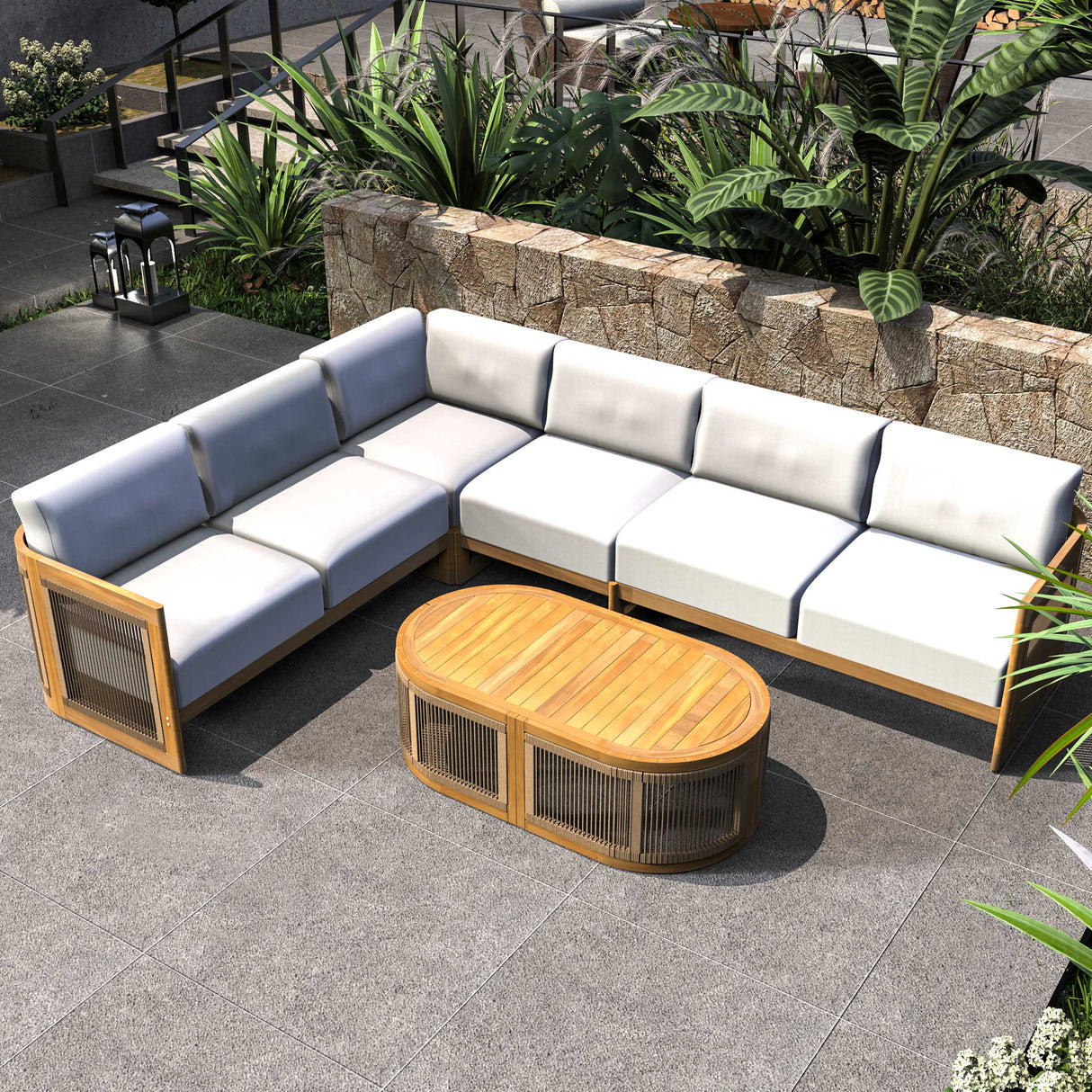 L-Shape 5-Seater Solid Acacia Modular Sofa Set with Cushions - Lounge Configuration (PAS-2516-LS+CS+MS+RS+OTA)