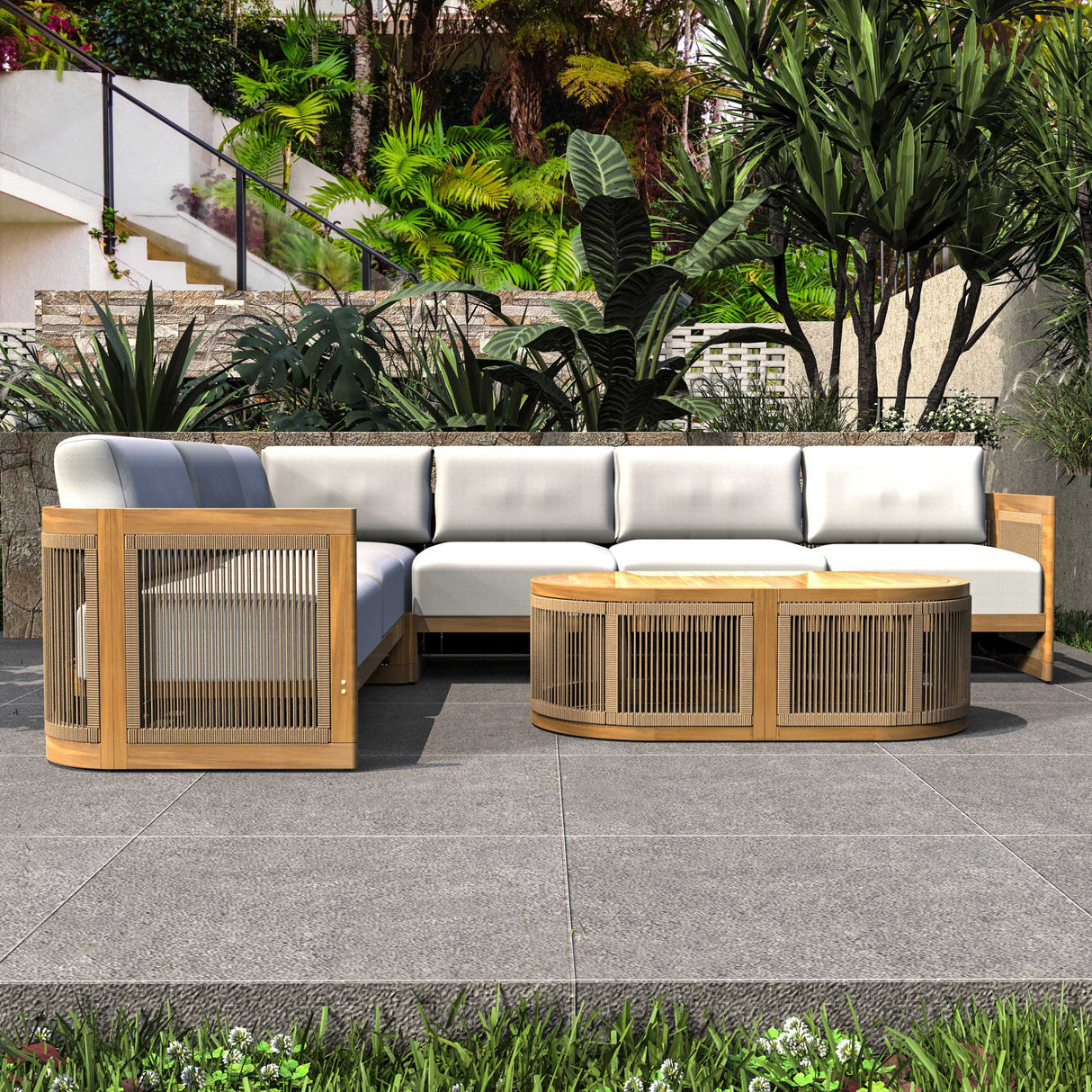 L-Shape 5-Seater Solid Acacia Modular Sofa Set with Cushions - Lounge Configuration (PAS-2516-LS+CS+MS+RS+OTA)