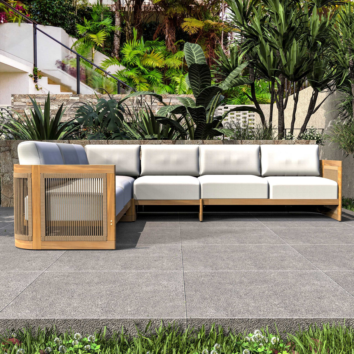 L-Shape 5-Seater Solid Acacia Modular Sofa Set with Cushions - Lounge Configuration (PAS-2516-LS+CS+MS+RS)