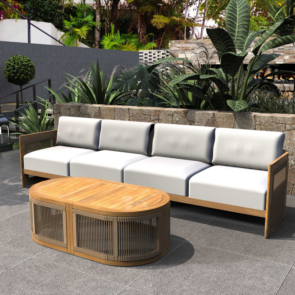 Solid Acacia 4-Seater Sofa with Oval Coffee Table (PAS-2516-LS+RS+OTA)