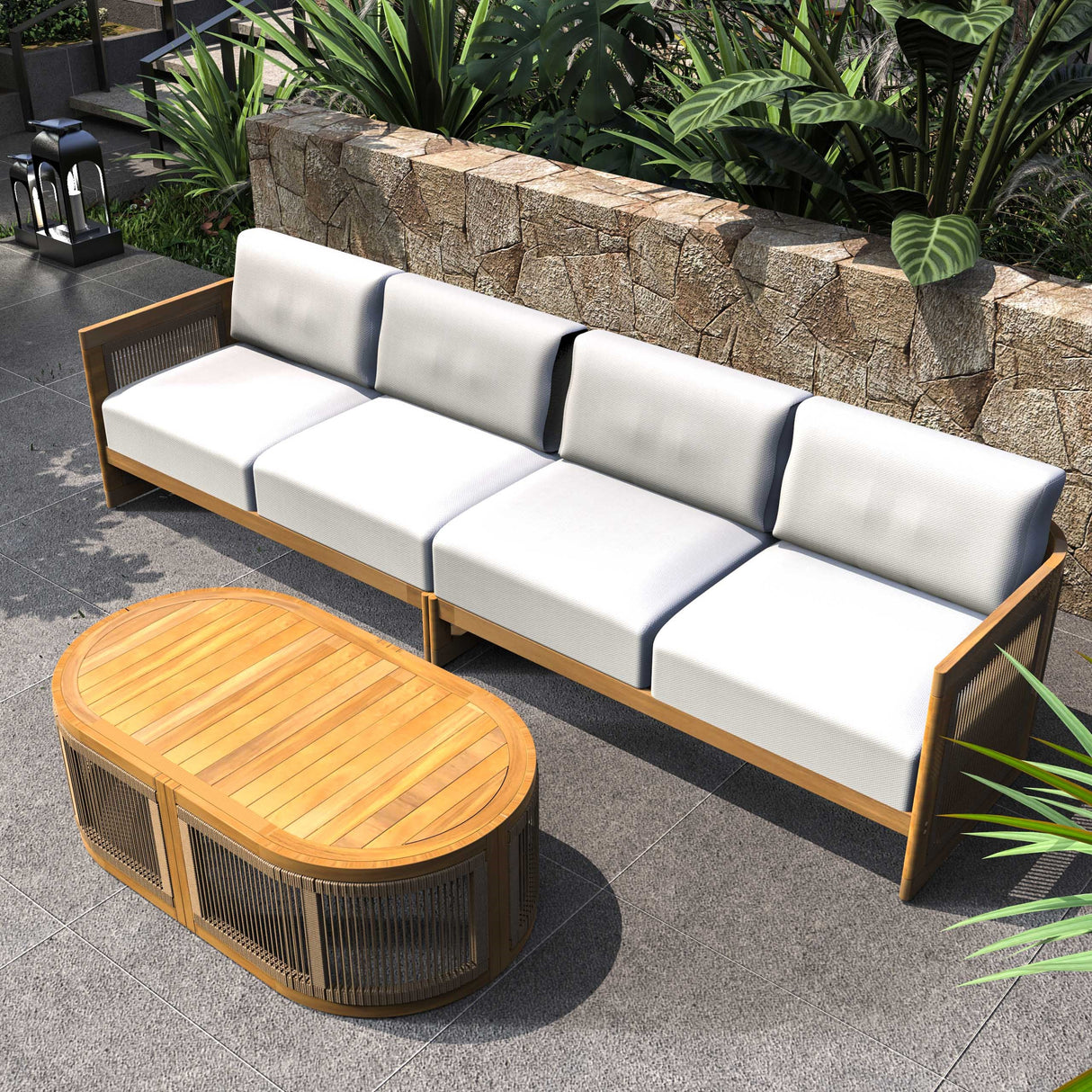 Solid Acacia 4-Seater Sofa with Oval Coffee Table (PAS-2516-LS+RS+OTA)