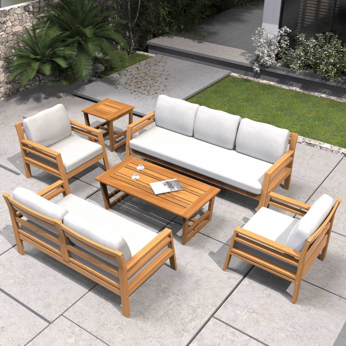 7-Seater Acacia Wood Outdoor Sofa Set – Solid Wood Garden Lounge with Coffee Table and Side Table