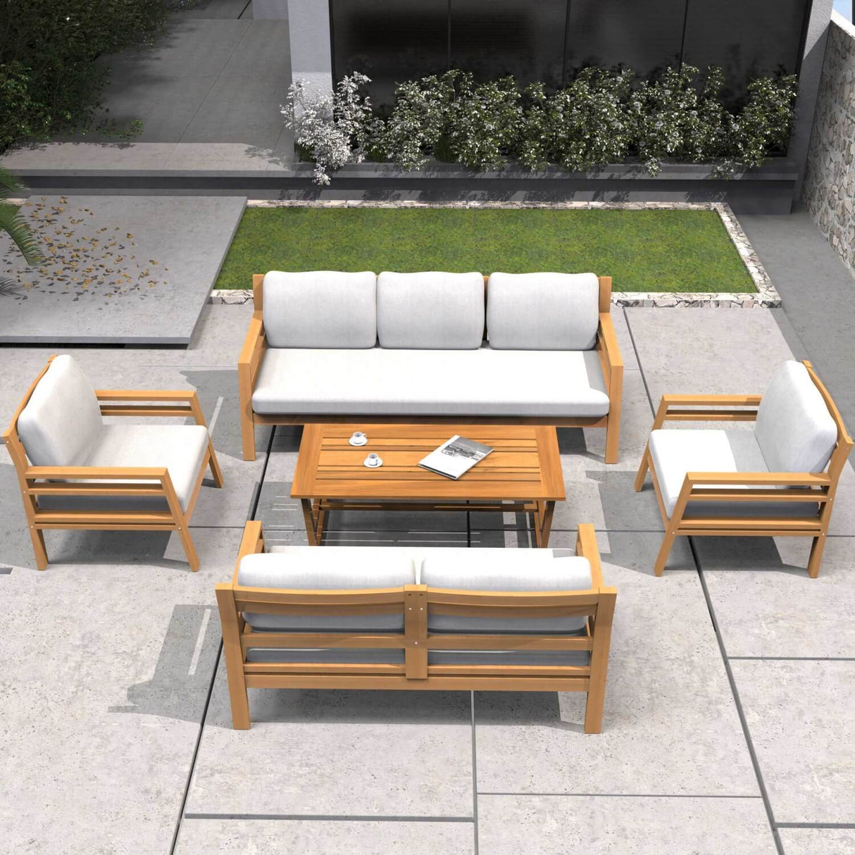 7-Seater Acacia Wood Outdoor Sofa Set – Solid Wood Garden Lounge