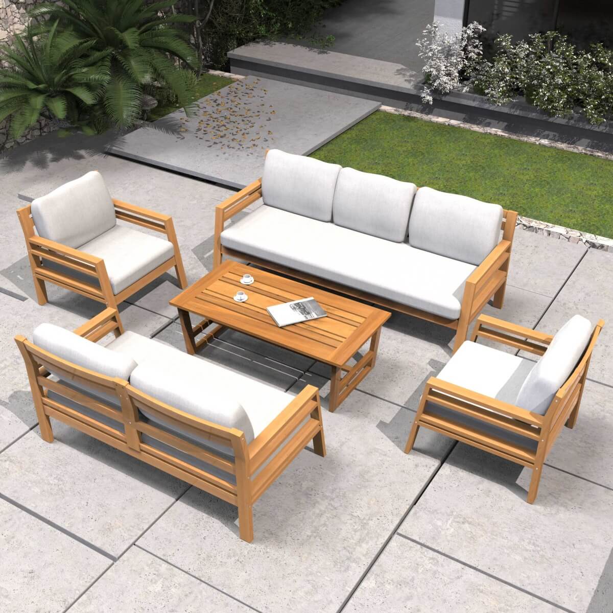 7-Seater Acacia Wood Outdoor Sofa Set – Solid Wood Garden Lounge