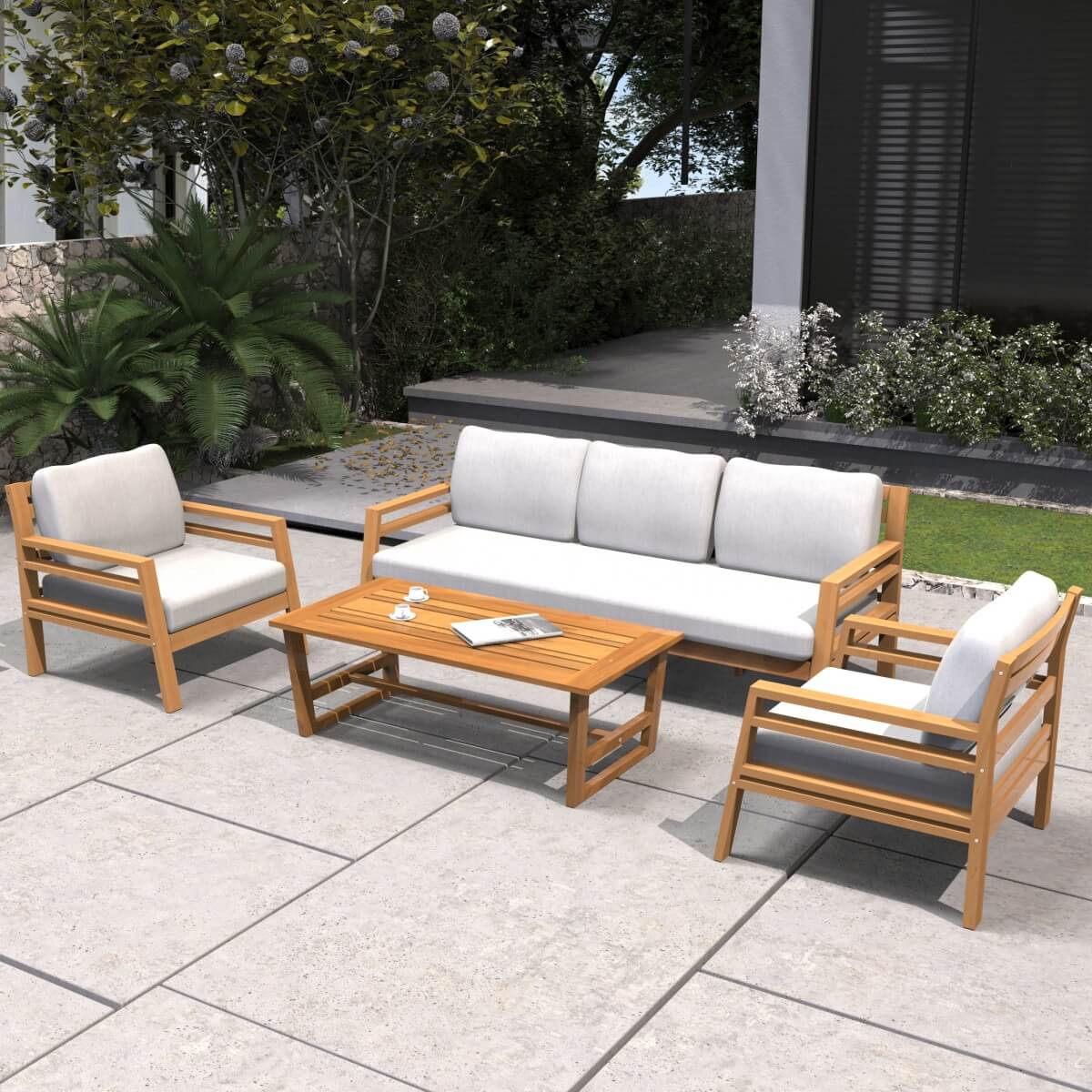 5-Seater Acacia Wood Outdoor Sofa Set – Solid Wood Garden Lounge with Coffee Table