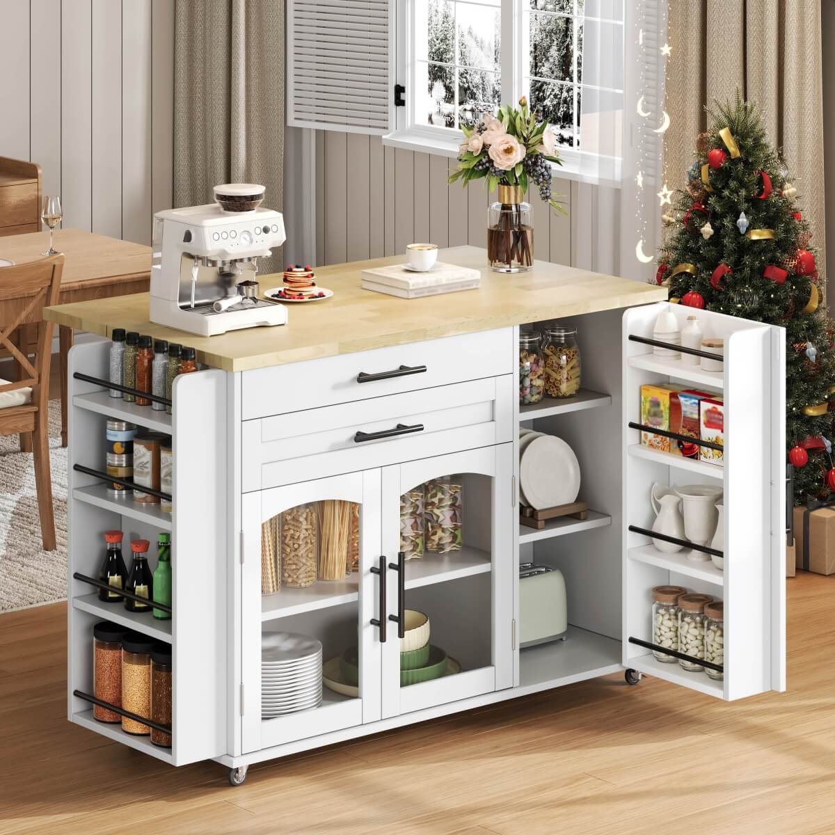 Kitchen Island Trolley - Foldable Worktop, Storage Shelves, Drawer, Wheels