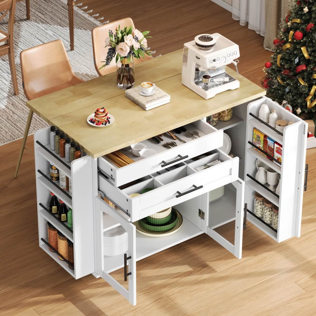 Kitchen Island Trolley - Foldable Worktop, Storage Shelves, Drawer, Wheels