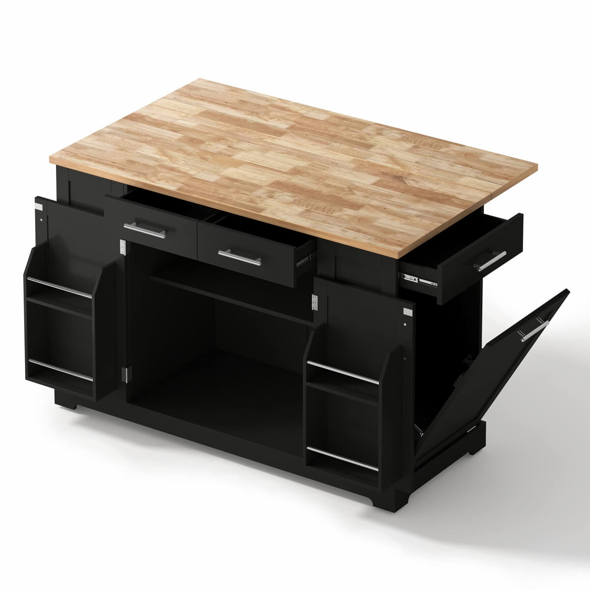 138cm Kitchen Island on Wheels with Folding Worktop - Mobile Kitchen Cabinet with Pull-Out Bin & Power Outlet