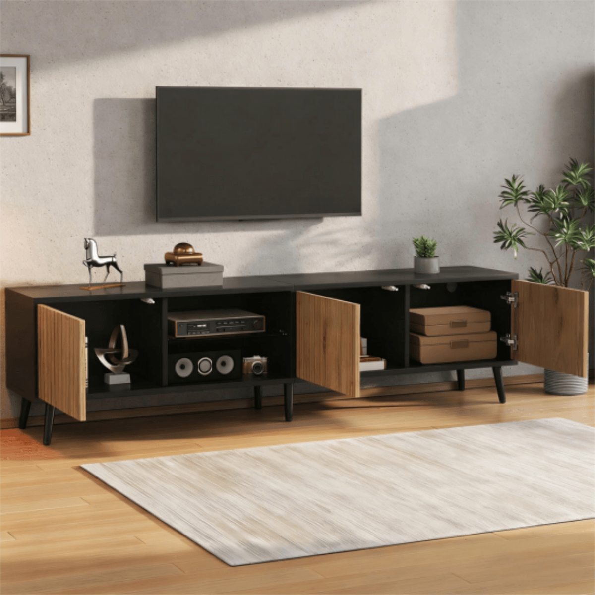 175cm Mid-Century Modern LED TV Stand - Black Media Console with Storage Cabinets