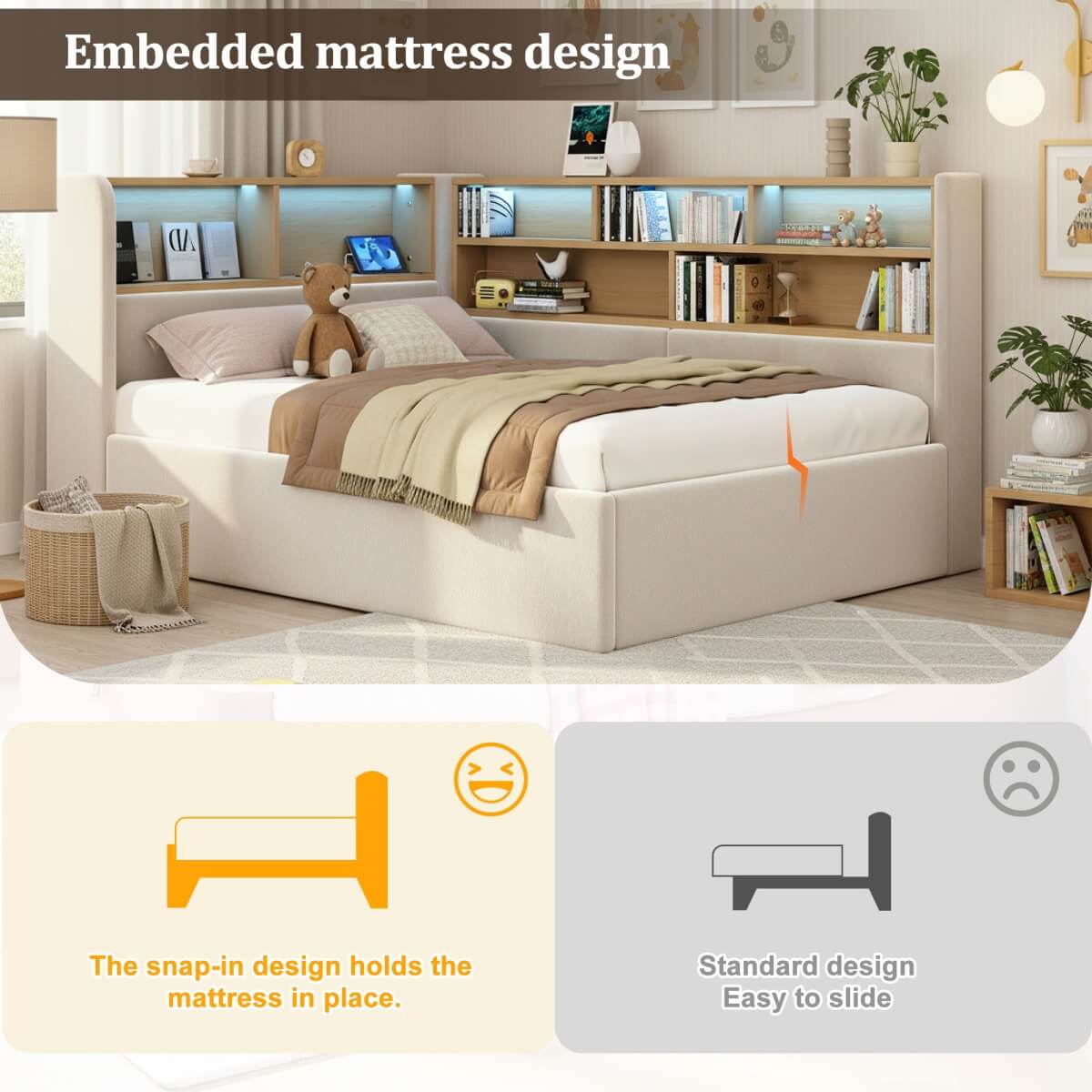 4ft6 Double Velvet Upholstered Daybed with Hydraulic Storage - L-Shaped Sofa Bed with LED Lights and USB Charging, Beige