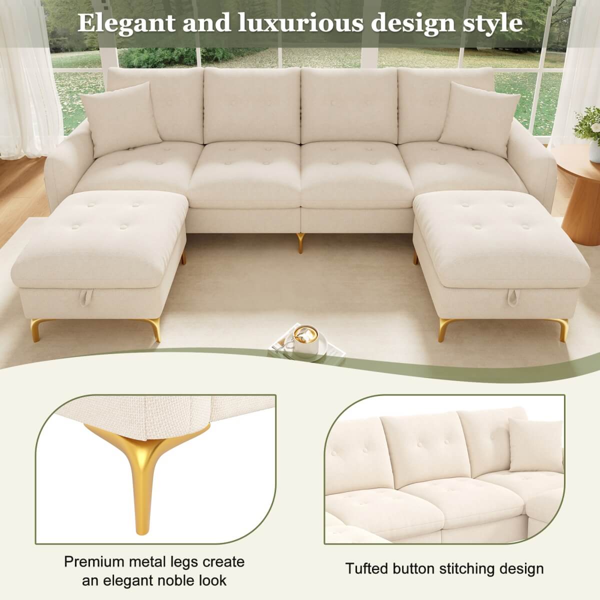 4 Seater U-Shaped Modular Sofa Bed with Storage Ottomans - Sleeper Sofa with 2 Storage Footstools and 2 Decorative Cushions, Beige