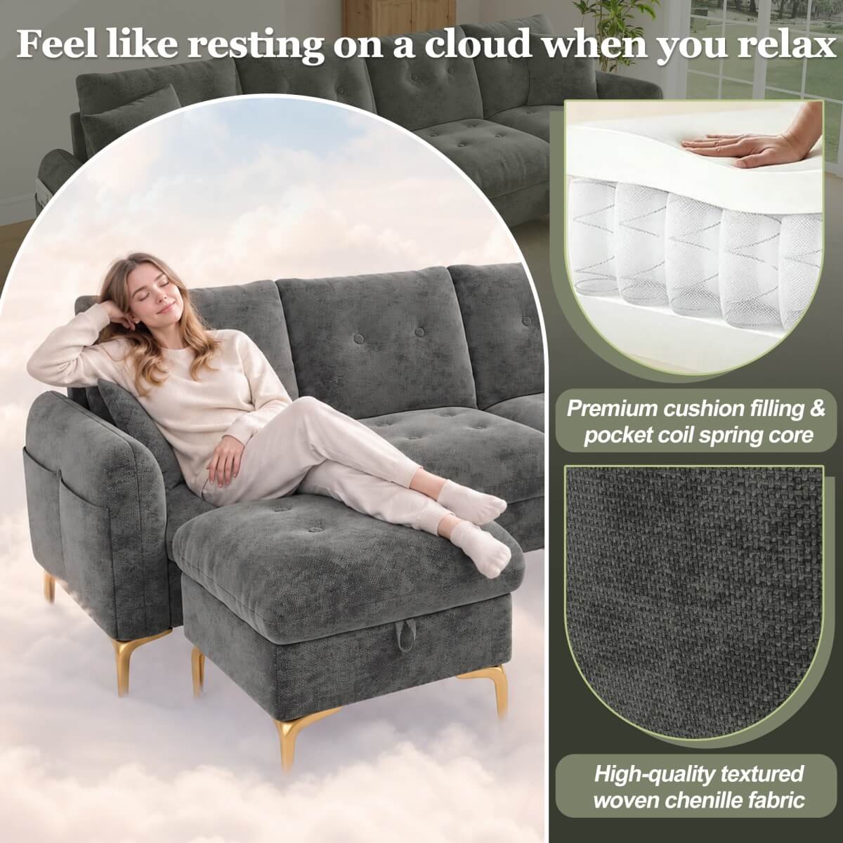 4 Seater U-Shaped Modular Sofa Bed with Storage Ottomans - Sleeper Sofa with 2 Storage Footstools and 2 Decorative Cushions, Grey