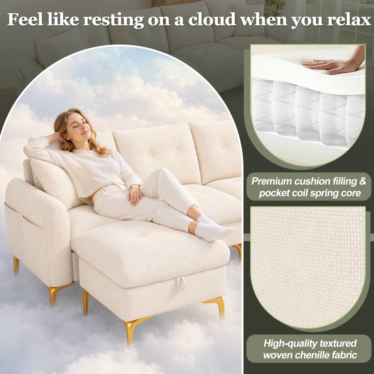 4 Seater U-Shaped Modular Sofa Bed with Storage Ottomans - Sleeper Sofa with 2 Storage Footstools and 2 Decorative Cushions, Beige