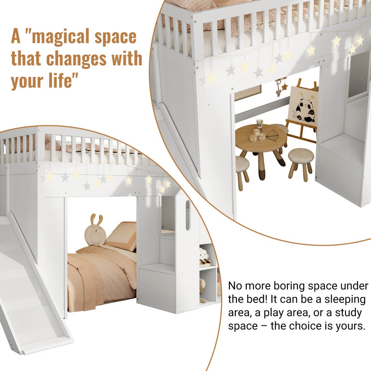 3ft Kids Loft Bed with Storage Stairs & LED Lights - Solid Wood Cabin Bed, White