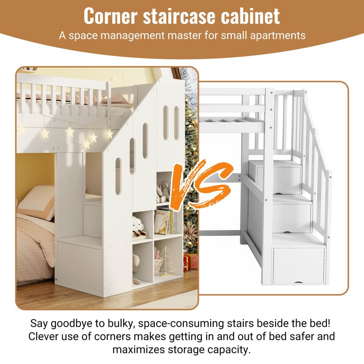 3ft Kids Loft Bed with Storage Stairs & LED Lights - Solid Wood Cabin Bed, White