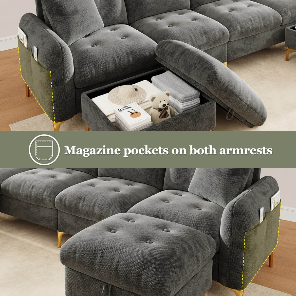 4 Seater U-Shaped Modular Sofa Bed with Storage Ottomans - Sleeper Sofa with 2 Storage Footstools and 2 Decorative Cushions, Grey