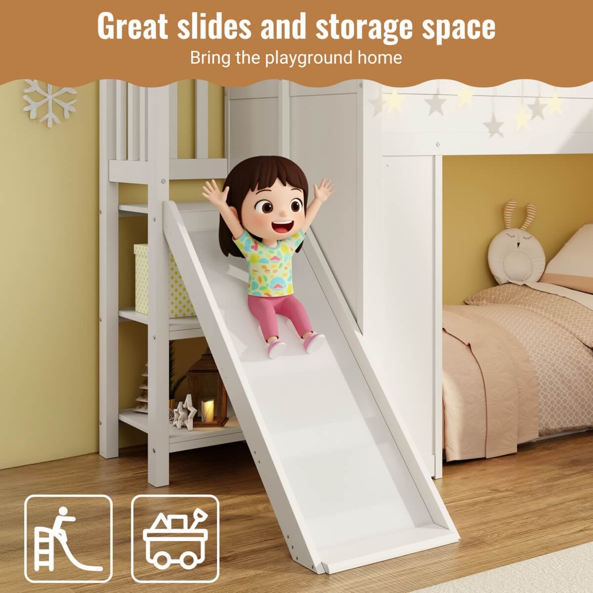3ft Kids Loft Bed with Storage Stairs & LED Lights - Solid Wood Cabin Bed, White