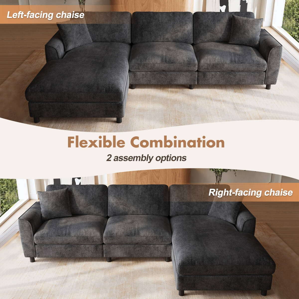 L-Shaped 3-Seater Sectional Sofa with Reversible Chaise - 90cm Extra-Wide Chaise Seat, Chenille Fabric, Grey