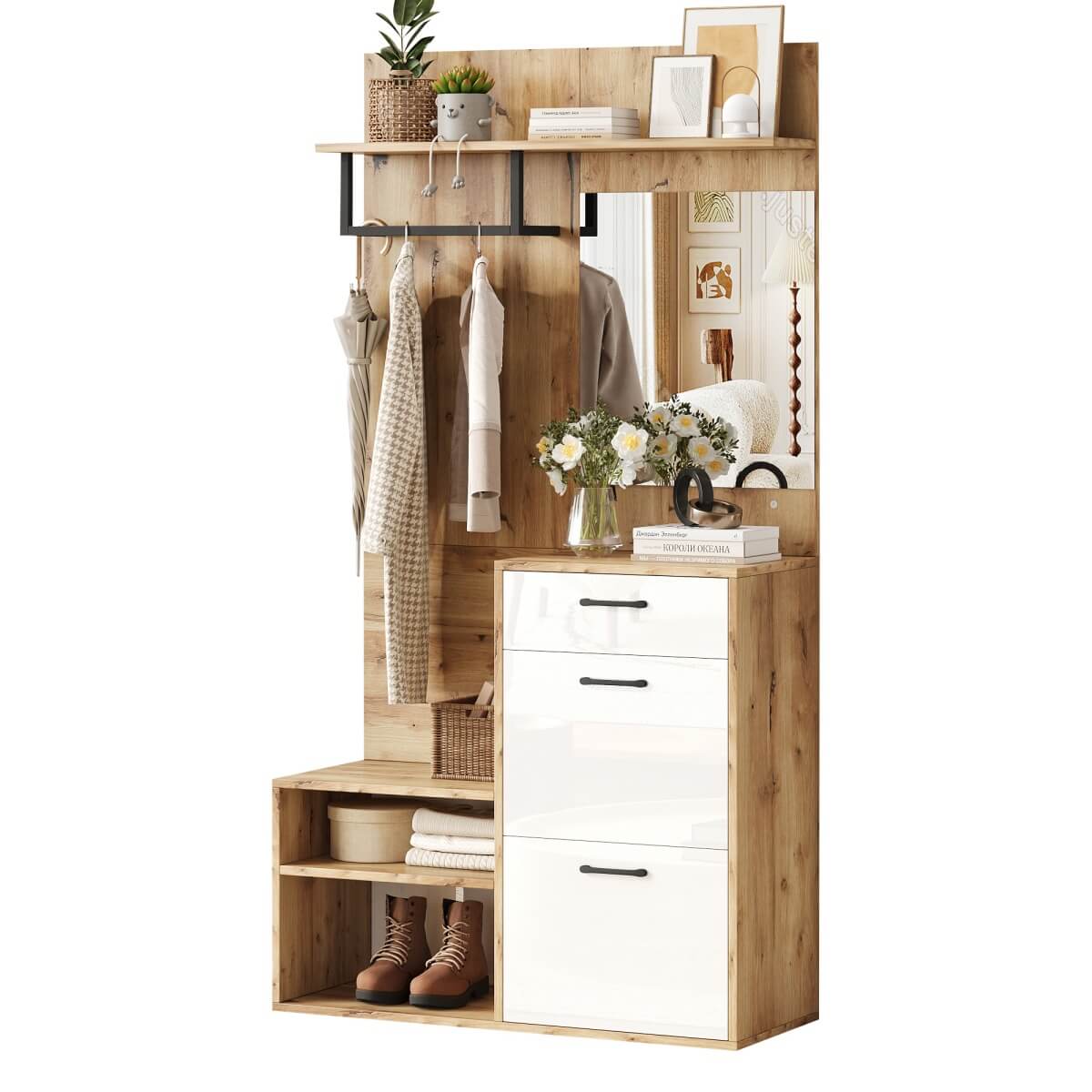 7-in-1 Hallway Storage Unit with Mirror — Coat Rack, Shoe Bench & Cabinet, High Gloss Hall Tree