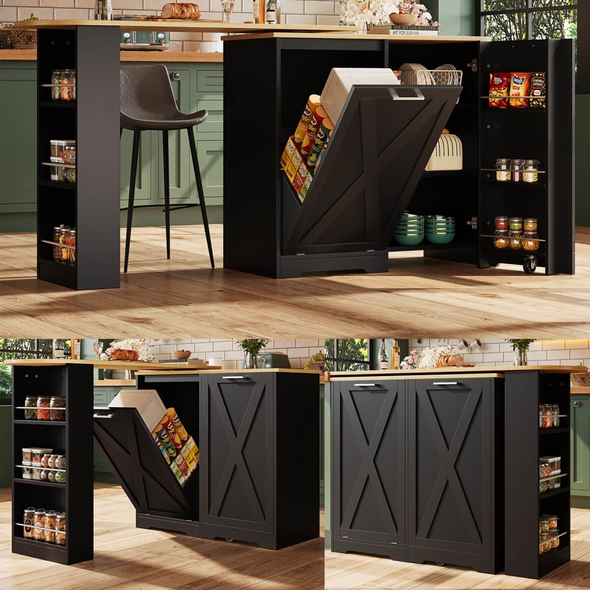 360° Rotating Kitchen Island Cabinet — Swivel Storage Sideboard with Shelves, Black