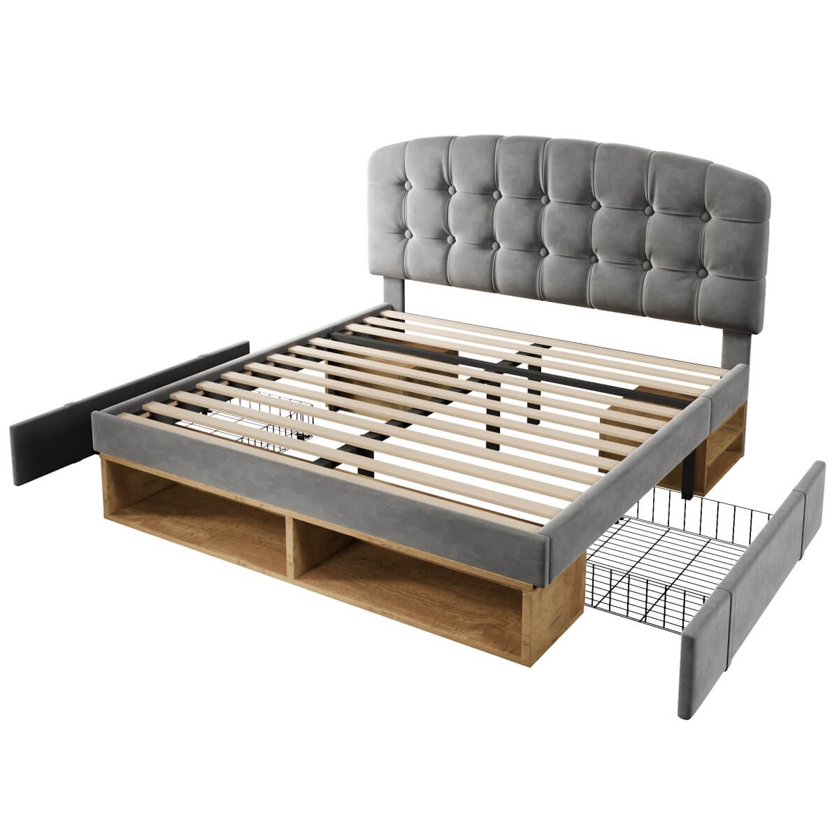 5ft King Velvet Storage Bed - Upholstered Bed Frame with Drawers and Adjustable Headboard, Grey