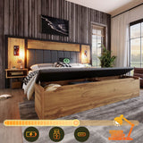 5ft King Upholstered Bed with Reading Lamp and USB-C Charging - Linen Bed Frame with Nightstand and Storage Bench, Oak