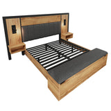 5ft King Upholstered Bed with Reading Lamp and USB-C Charging - Linen Bed Frame with Nightstand and Storage Bench, Oak