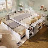 4ft6 Double Wooden Daybed with Pull-Out Trundle - Sofa Bed with Storage Cabinet, USB and Type-C Charging Station, White