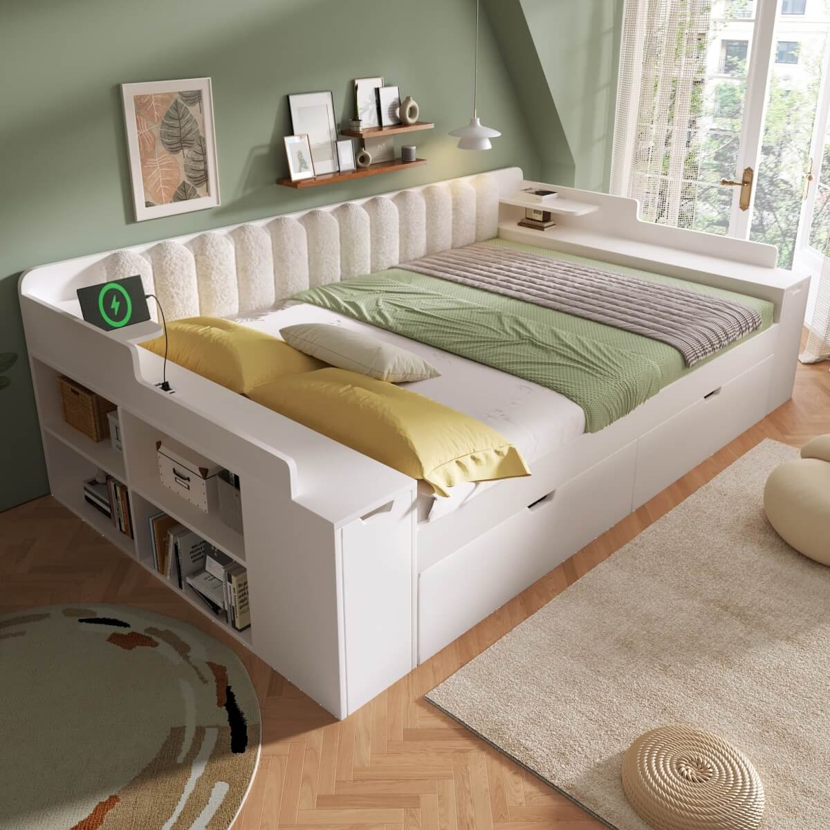 4ft6 Double Wooden Daybed with Pull-Out Trundle - Sofa Bed with Storage Cabinet, USB and Type-C Charging Station, White