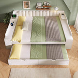 4ft6 Double Wooden Daybed with Pull-Out Trundle - Sofa Bed with Storage Cabinet, USB and Type-C Charging Station, White