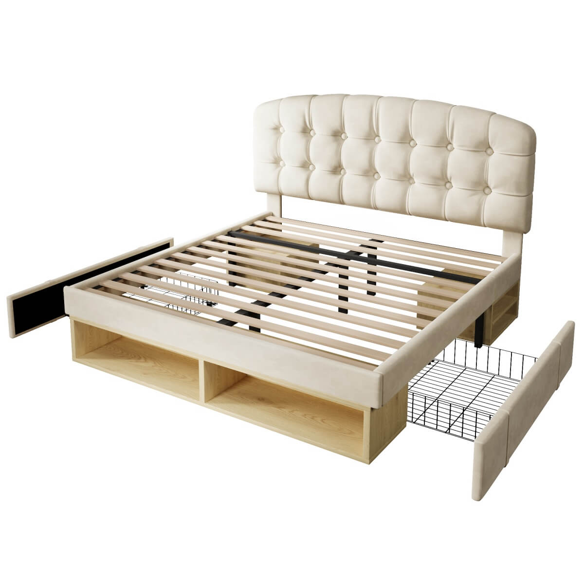 5ft King Velvet Storage Bed - Upholstered Bed Frame with Drawers and Adjustable Headboard, Beige