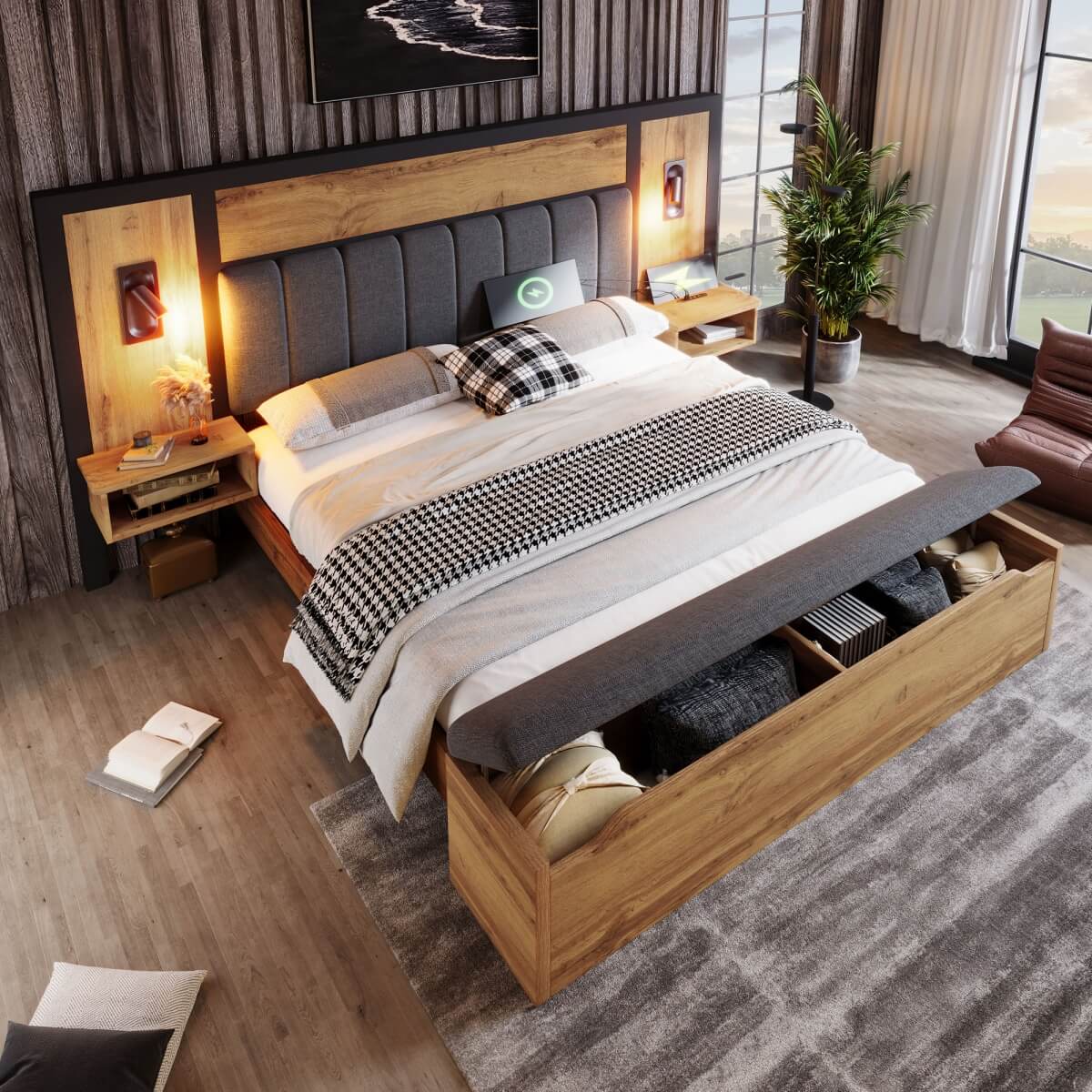 5ft King Upholstered Bed with Reading Lamp and USB-C Charging - Linen Bed Frame with Nightstand and Storage Bench, Oak