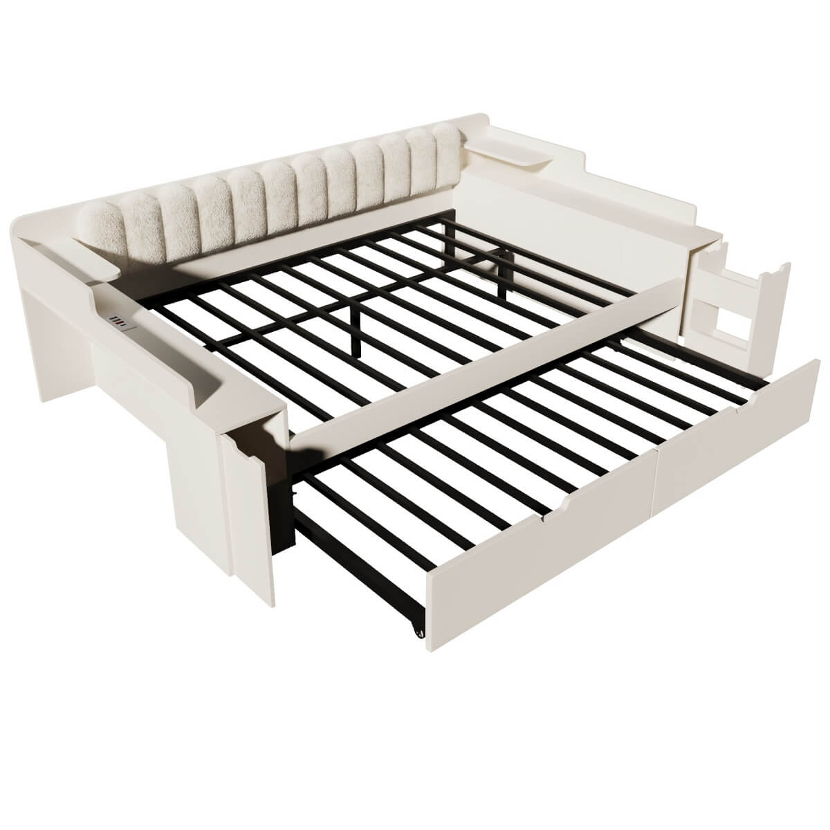 4ft6 Double Wooden Daybed with Pull-Out Trundle - Sofa Bed with Storage Cabinet, USB and Type-C Charging Station, White
